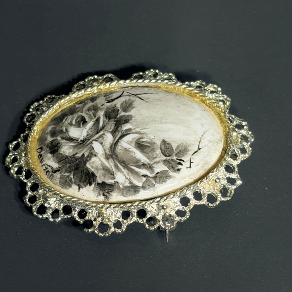 Signed Vtg Hand Painted Porcelain Rose Brooch Pendant Silver Tone Filigree - Picture 7 of 14